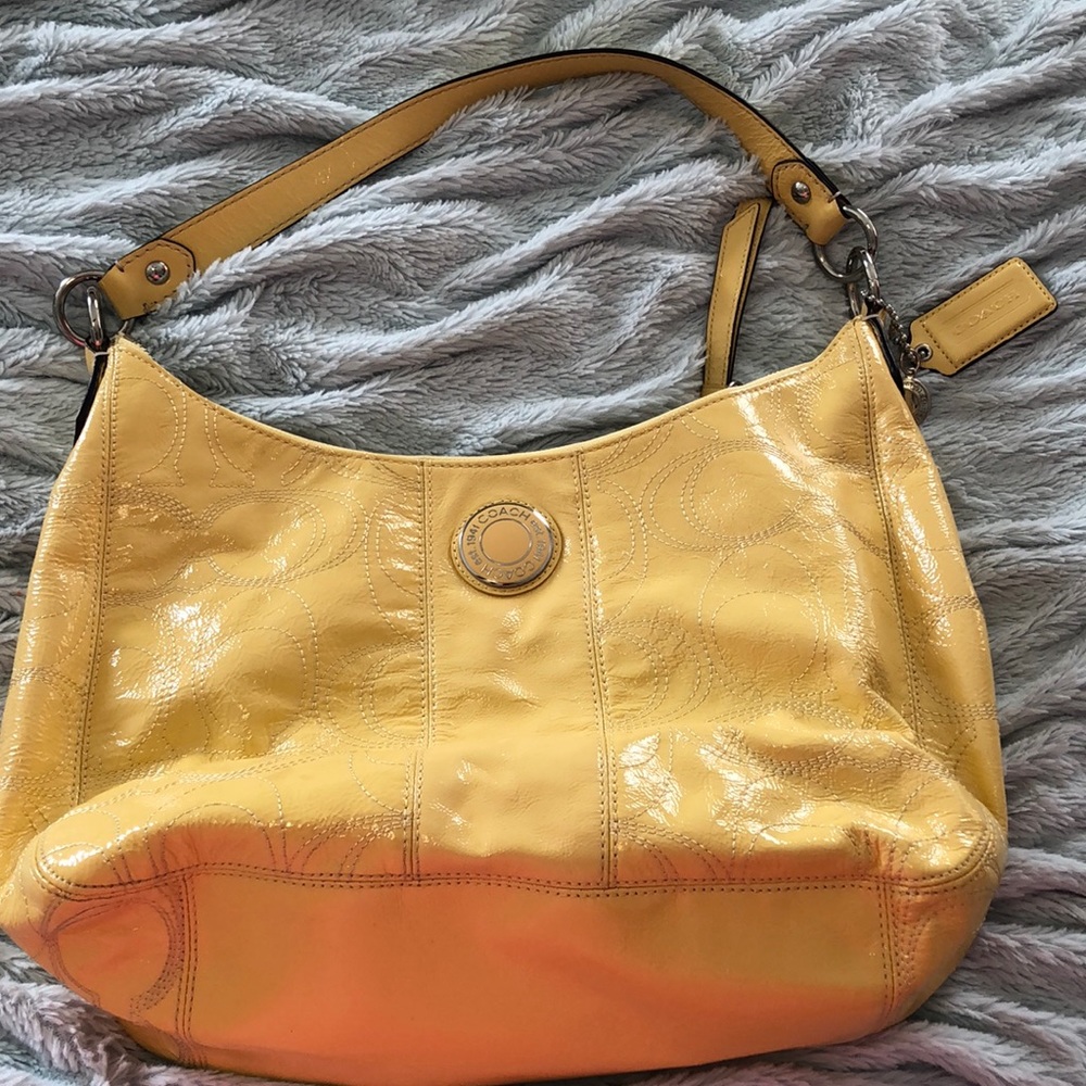 Patent leather Coach shoulder bag w/long strap